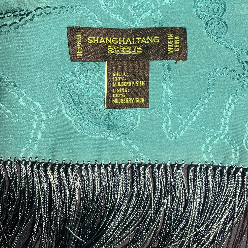 Shanghai Tang Blue Teal Reversible 100% Silk Asian Large Fringe Scarf